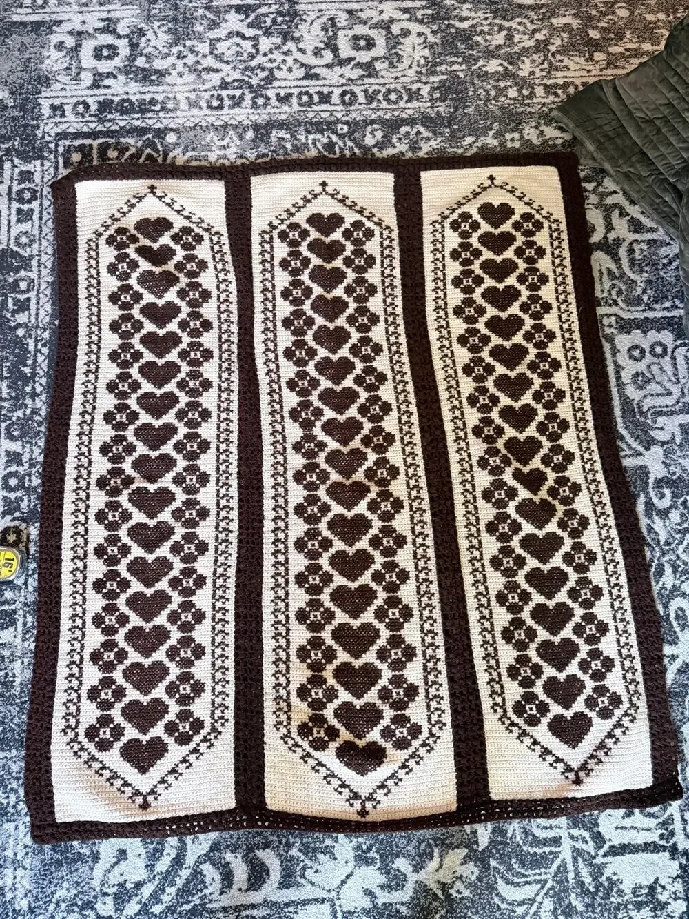 Handmade Vintage Heart & Flowers Motif Crochet Cream & Brown Throw Blanket 54x45